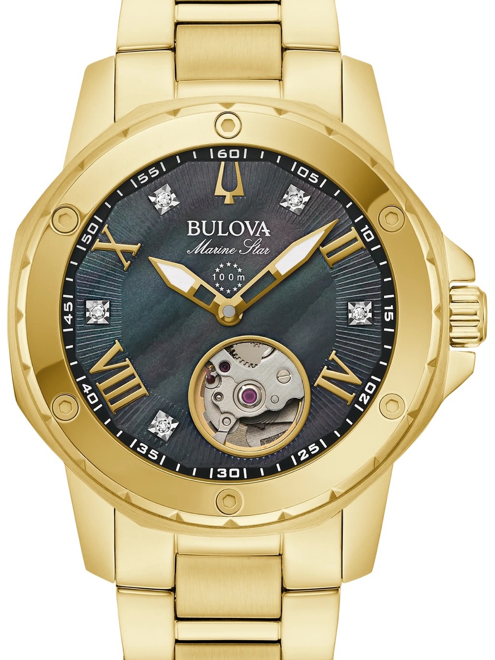 Bulova Gold-Tone Marine Star Watch with Black Mother-of-Pearl Dial Women’s